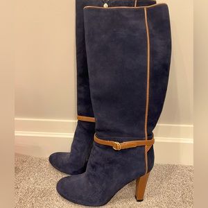 Blue suede, cognac leather heeled boots by Ivanka Trump size 10